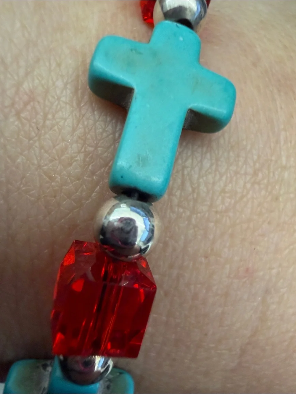 Sterling silver Turquoise Cross Bracelet with Red Crystal Accents